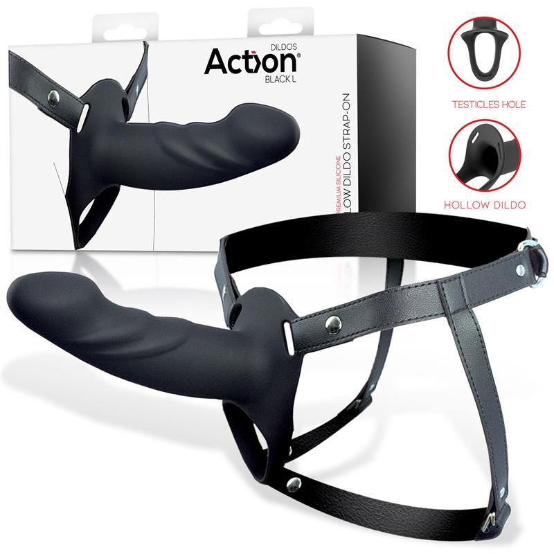 Action arnés con dildo hueco, 5-6,5 cm de grosor (negro)