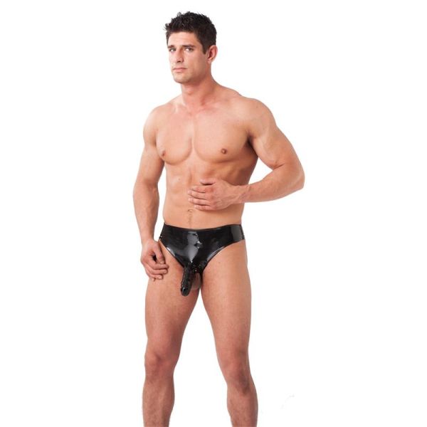 Latex Play slip de látex con funda para el pene (negro)