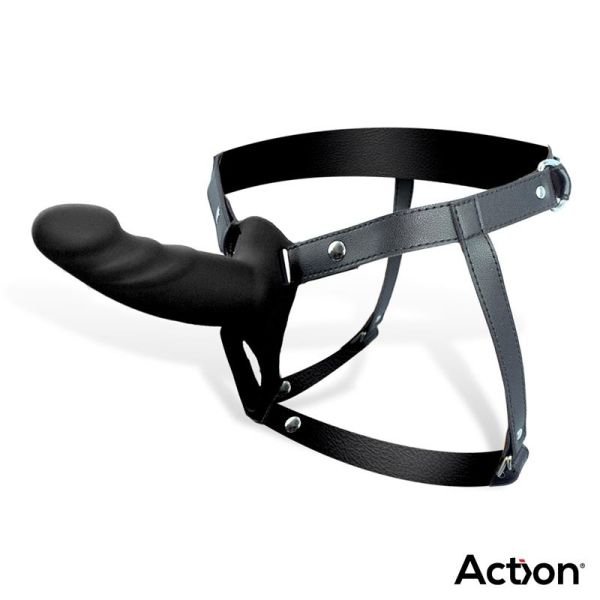 Action strap-on con dildo hueco silicona premium (negro)