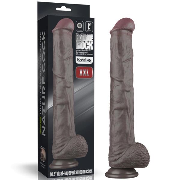 Lovetoy dildo flexible de doble capa XXL 14,5", marrón oscuro